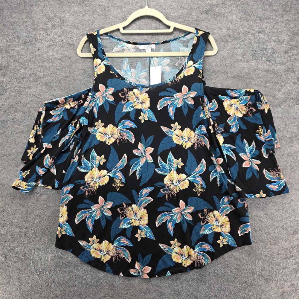 LASCANA Blouse Tunic Womens L Black Floral Cold Shoulder 3/4 Sleeve Stretch